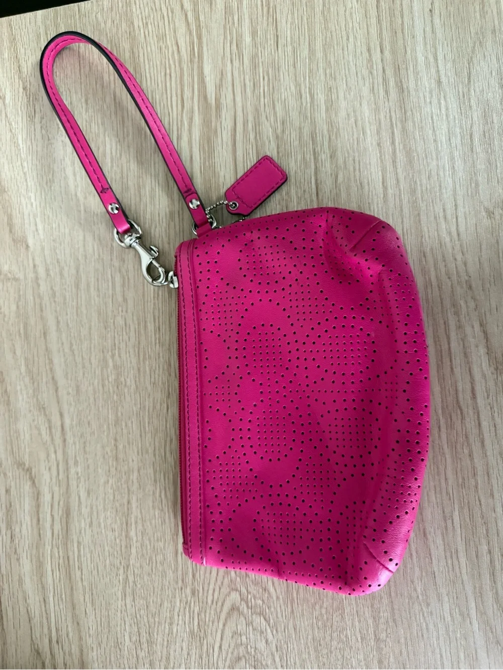 Coach Hot Pink Perforated Leather Wristlet Clutch Silver Hardware